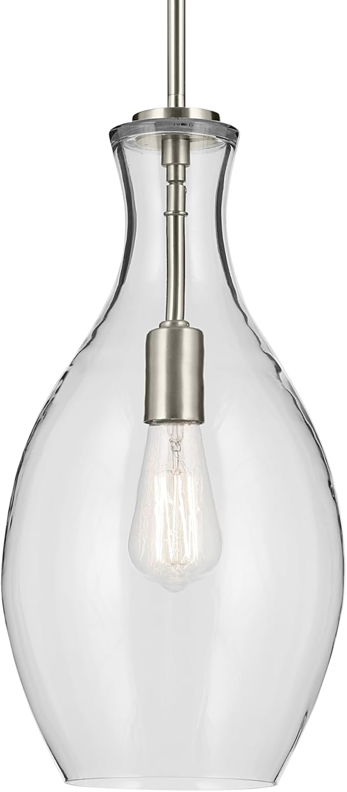 Everly 17.75" 1-Light Bell Pendant with Clear Seeded Glass in Brushed Nickel, for a Kitchen Island, Dining Nook, or Home Bar, (17.75" x 8.75") 42047NICS