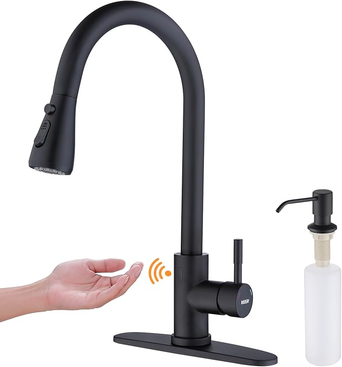 Keer Touchless Kitchen Faucet with Pull Down Sprayer, Motion Sensor Kitchen Faucet with Kitchen Soap Dispenser, Single Kitchen Faucet Pull Out Faucet,Matte Black