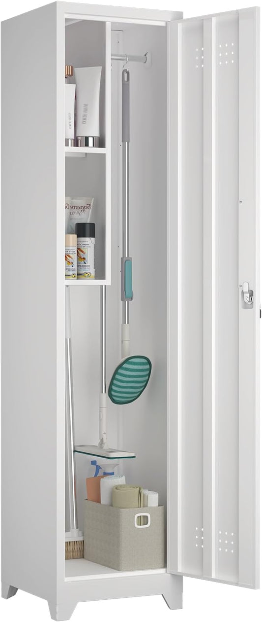 Slim Broom Storage Cabinets, Metal Cabinet with Shelves and Hanging Rod, 15.75" W Utility Storage Cabinet with Locking Door, Slim Cabinet for Small Spaces, Kitchen, Pantry, Office, Shop