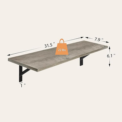 DINZI LVJ Long Shelf, 31.5 Inch Large Wall Mounted Shelves Set of 2, Easy-to-Install, Display Ledges with Sturdy Metal Brackets for Living Room, Bathroom, Bedroom, Kitchen, Laundry Room, Gray Wash