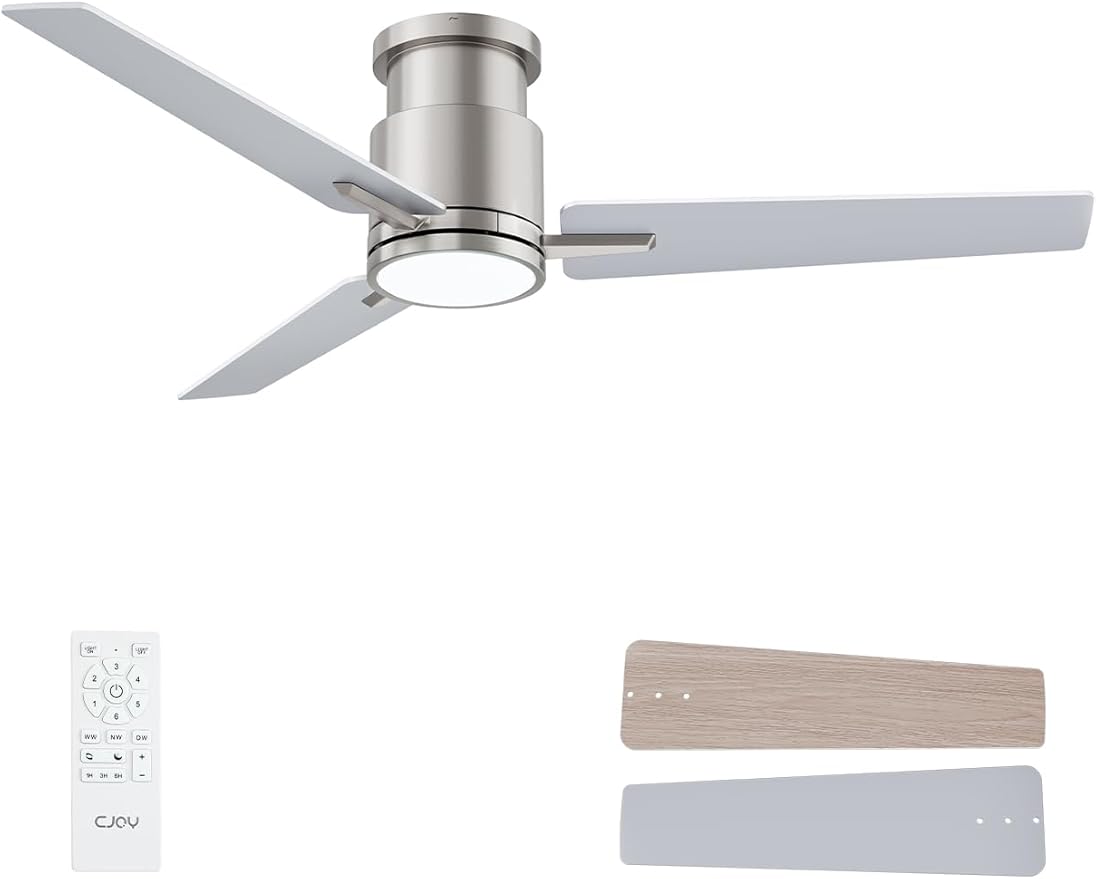 CJOY Ceiling Fan with Lights, 52 Inch Low Profile Ceiling Fans with Light and Remote, Reversible DC, Flush Mount, 3CCT，Dimmable, Modern Indoor/Outdoor Design for Bedroom, Living Room, Patio, Kitchen