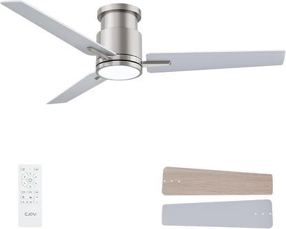 CJOY Ceiling Fan with Lights, 52 Inch Low Profile Ceiling Fans with Light and Remote, Reversible DC, Flush Mount, 3CCT，Dimmable, Modern Indoor/Outdoor Design for Bedroom, Living Room, Patio, Kitchen