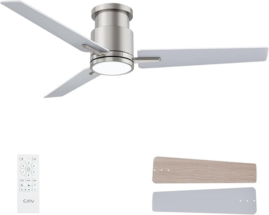 CJOY Ceiling Fan with Lights, 52 Inch Low Profile Ceiling Fans with Light and Remote, Reversible DC, Flush Mount, 3CCT，Dimmable, Modern Indoor/Outdoor Design for Bedroom, Living Room, Patio, Kitchen