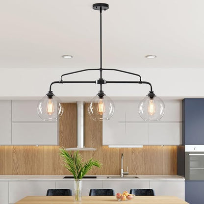 Modern Linear 3-Light Black Chandelier with Framed Arms, Industrial Kitchen Island Pendant Light Fixture with Clear Glass Globes, Ceiling Bar Lighting for Dining Table, Pool Table
