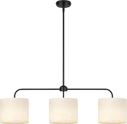 3-Light Black Linear Chandelier with Linen Beige Drum Shades, Modern Pendant Light Fixture for Kitchen Island, Dining Room, Living Room, Bedroom, E26 Base Compatible
