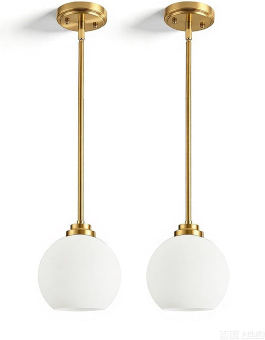 Majade Globe Pendant Lights Kitchen Island Pendant Light Fixtures 7.4 Inch Gold Mid Century Modern Globe Pendant Lighting with Milk Glass Adjustable Hanging Light Fixtures for Dining Room(2 Pack)