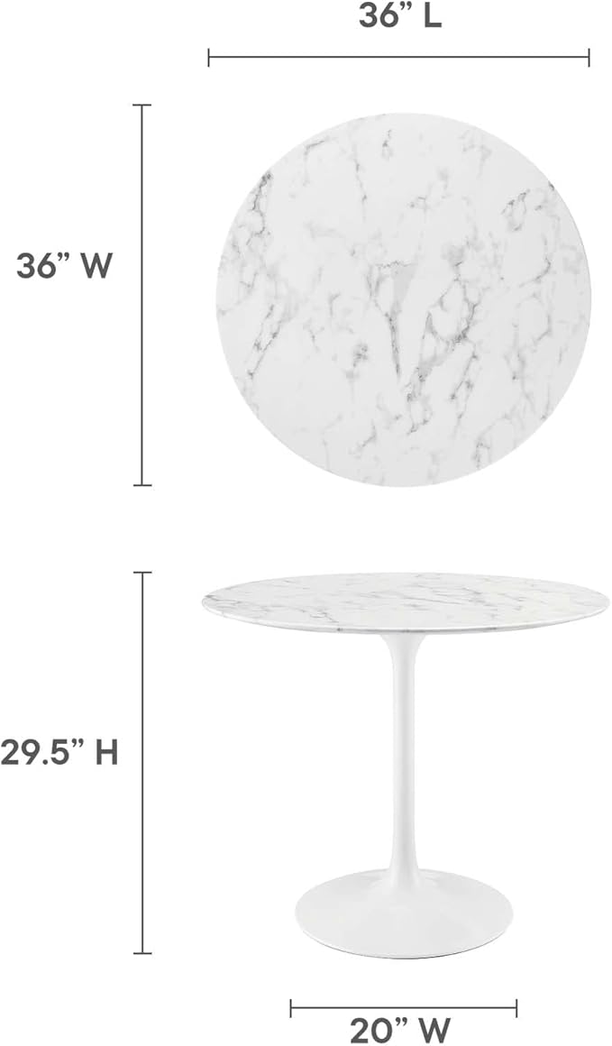 Modway Lippa Round 36" Mid-Century Modern Artificial Marble Dining Table in White