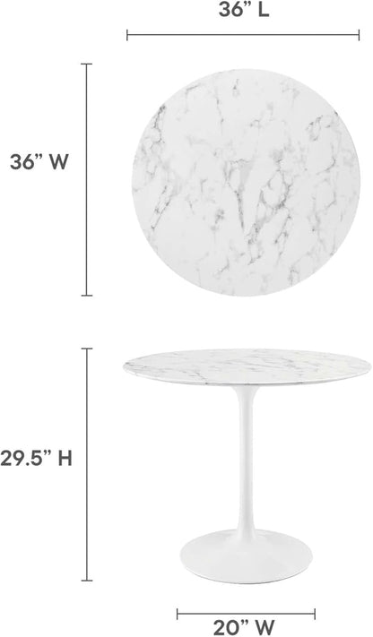 Modway Lippa Round 36" Mid-Century Modern Artificial Marble Dining Table in White