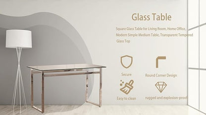 Modern Glass Dining Table for 4-6, 51" Rectangular Kitchen Dining Room Table with 0.31" Tempered Glass Tabletop and Silver Chrome Metal Legs, Writing Table Desk, for Kitchen Dining Living Room