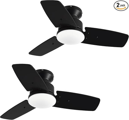 Conciseer 30 Inch Ceiling Fans with Lights and Remote, Bedroom Living Room Office, Flush Mount, 3CCT Dimmable, Dual Color 3 Blades, 6 Speed Reversible Quiet DC Motor, Black/Wood Grain, 2 Pack