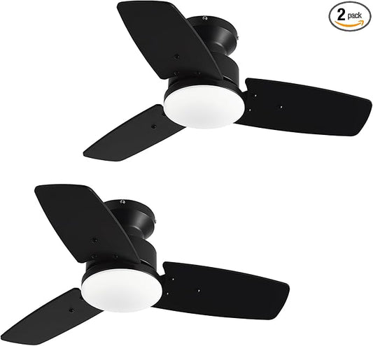 Conciseer 30 Inch Ceiling Fans with Lights and Remote, Bedroom Living Room Office, Flush Mount, 3CCT Dimmable, Dual Color 3 Blades, 6 Speed Reversible Quiet DC Motor, Black/Wood Grain, 2 Pack