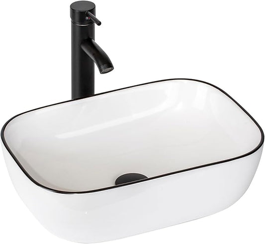 Bathroom Vessel Sink with Faucet Combo, 18" x 13" White Ceramic Above Counter Basin with Black Rim, Modern Rectangular Porcelain Vanity Sink & Pop-Up Drain for Lavatory