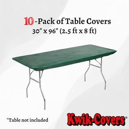 Kwik-Covers 10 Pack of Rectangular Plastic Table Covers - 6' Foot or 8' Foot Options - Indoor or Outdoor Fitted Table Covers (Table NOT Included) (Hunter Green, 30" x 96" (8' ft))