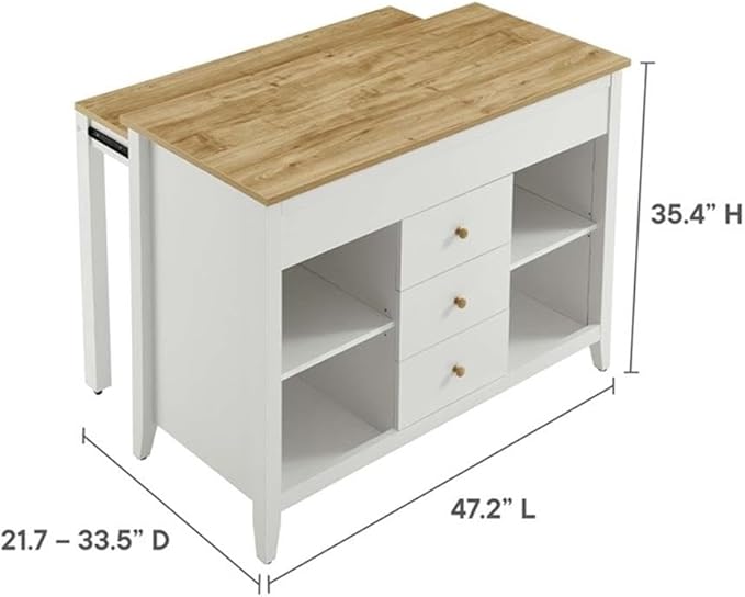 MAKLAINE Contemporary 3-Piece Kitchen Island and Stool Set, Oak White Finish, MDF/Particleboard Construction, Adjustable Shelves, Butcher Block Countertop, Pull-Out Table, Small Kitchen Dining Space