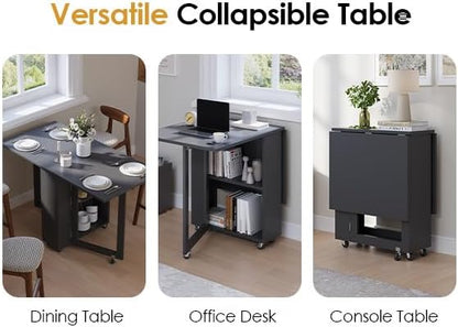 LotFun Folding Dining Table with 6 Wheels, 2-Layer Storage Shelf & Drawer, Space Saving Farmhouse Kitchen Table for Small Spaces