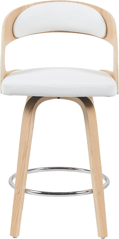 Shelly Modern Counter Height Swivel Bar Stool in Patterned Oak Finish with White Faux Leather Upholstered Seat Set of 2