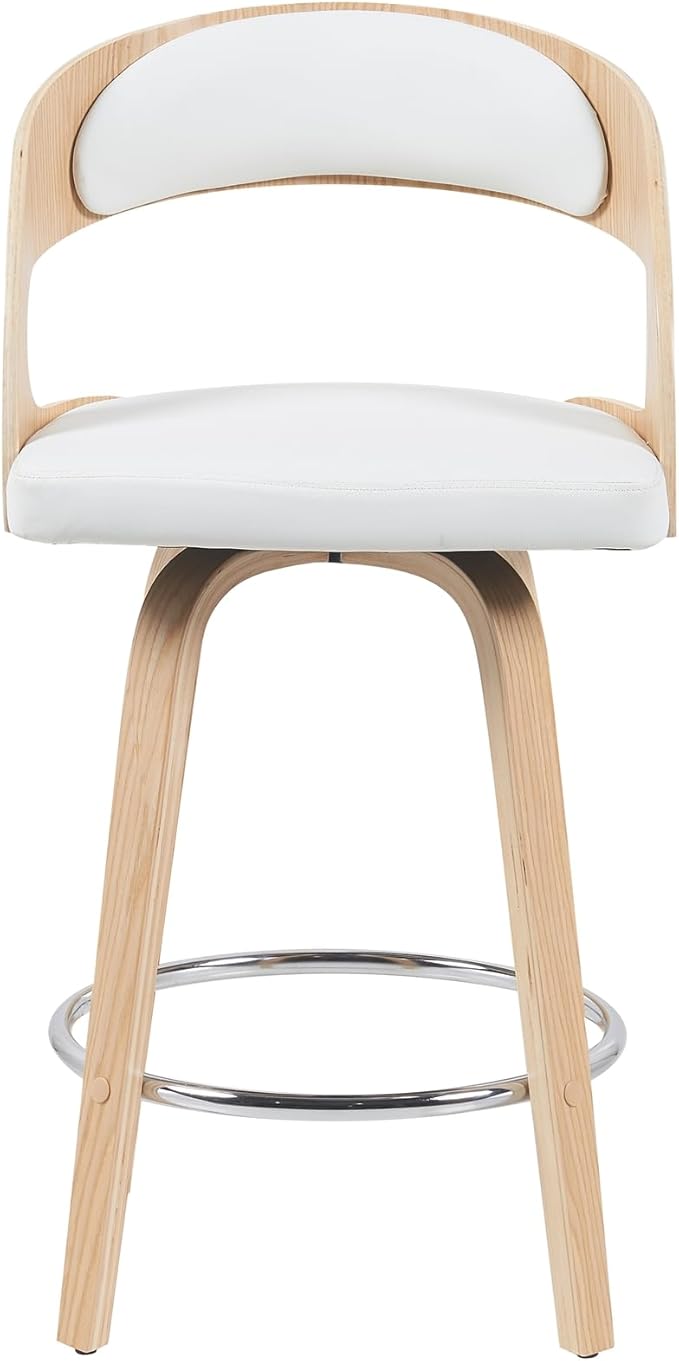 Armen Living Shelly Modern Counter Height Swivel Bar Stool in Patterned Oak Finish with White Faux Leather Upholstered Seat