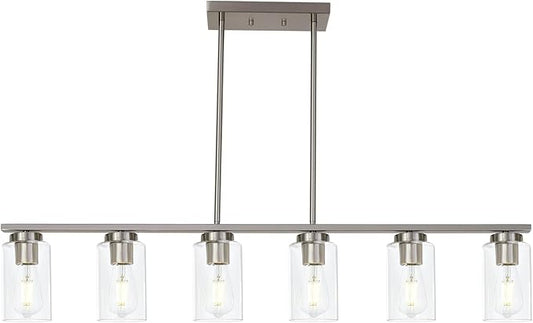 TODOLUZ 6-Light Kitchen Island Lighting with Clear Glass Shades, Modern Linear Pendant Light Fixture for Dining Room Pool Table, Brushed Nickel Finish