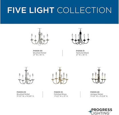 Progress Lighting 5-Light Candles Traditional Chandelier Light, Indoor, P4009-09, Brushed Nickel