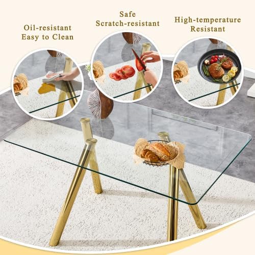 Donext 51" Rectangular Tempered Glass Dining Table, Sturdy Metal Legs,Modern Kitchen Dining Room Table, Easy to Clean, Gold