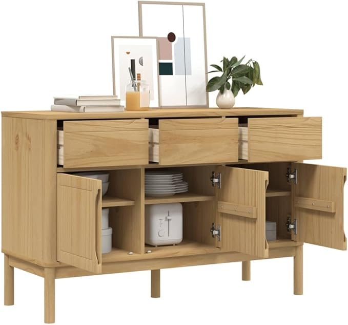 Solid Pine Sideboard Buffet Cabinet with 4 Doors 2 Drawers, 44.9 x 44.9 x 29.1 in Coffee Bar Storage for Dining Room Kitchenette Living Spaces