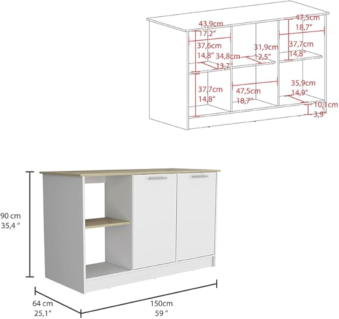 GOWE Juniper Kitchen Island, Four Open Shelves, Two Cabinets -Light Oak/White