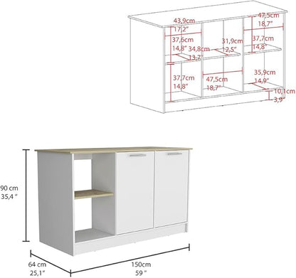 GOWE Juniper Kitchen Island, Four Open Shelves, Two Cabinets -Light Oak/White