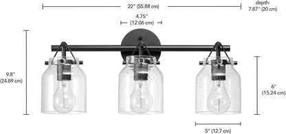 Globe Electric 63000207 5-Piece All-in-One Bathroom Set, 22" 3-Light Vanity Light, Matte Black, Seeded Glass Shades, Towel Bar, Robe Hook, Toilet Paper Holder, Towel Ring, Bathroom Lights Over Mirror