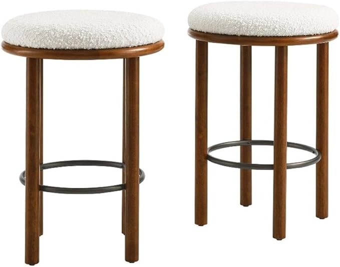 Modway Fable 26 Inch Backless Counter Stools Set of 2 in Walnut Ivory - Kitchen Stools Counter Height - 2Pcs Upholstered Padded Boucle Seat for Kitchen Counter or Island with Wood Legs and Footrest