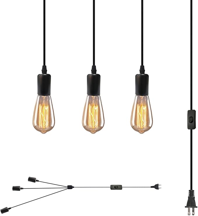3 Light Plug in Pendant Light, 10ft Black Hanging Lights Cord with On/Off Switch, E26 Vintage Industrial Hanging Lamp Fixtures for Kitchen Island Farmhouse, Bulb Not Included
