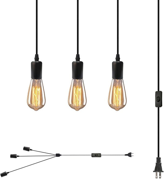 3 Light Plug in Pendant Light, 10ft Black Hanging Lights Cord with On/Off Switch, E26 Vintage Industrial Hanging Lamp Fixtures for Kitchen Island Farmhouse, Bulb Not Included