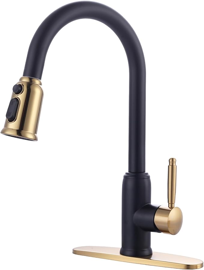 Black Gold Kitchen Faucet with Sprayer: WOWOW 304 Stainless Steel Kitchen Sink Faucet for 1 or 3 Hole, High Arc Single Handle Mixer Taps with Deck Plate, Vintage Style