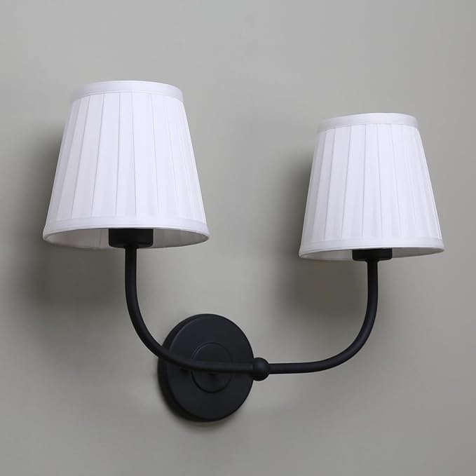 PERMO Vintage Sconce Black 2-Lights Wall Sconces with Pleated White Stripe Fabric Shades Retro Bathroom sconces Hardwired Double Sconce for Farmhouse Bedroom Hallway