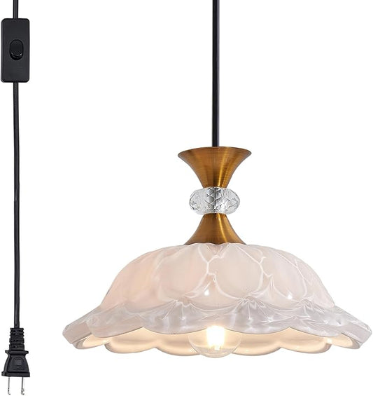 Plug in Gold Pendant Light Plugin Kitchen White Glass Pendant Lighting Fixtures with Cord Switch Vintage Hanging Lamp for Island Dining Table Bedroom Living Room