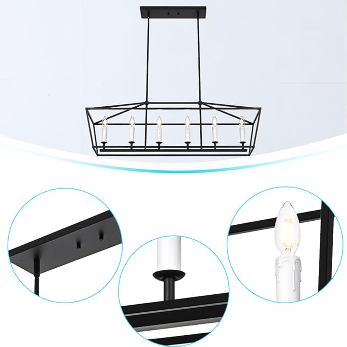 BONLICHT Modern Farmhouse Rectangle Dining Room Light Fixtures Black 6 Light Linear Chandelier Industrial White Kitchen Island Pendant Lighting Classic Ceiling Lights with Adjustable Rods, E12 Base
