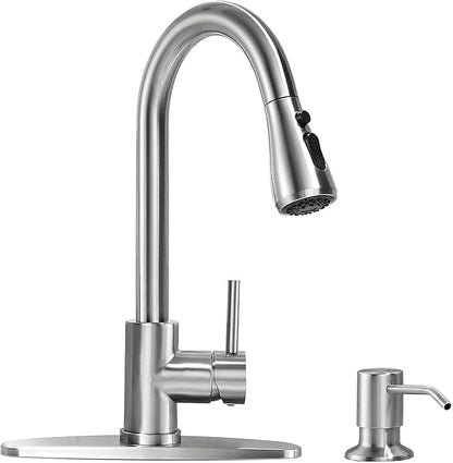 VFAUOSI RV Bath Faucets, Shower Faucet with Soap Dispenser for RV Sink, 3-Mode Kitchen Sink Faucet with Pull Down Sprayer Stainless Steel Single Handle Brushed Nickel