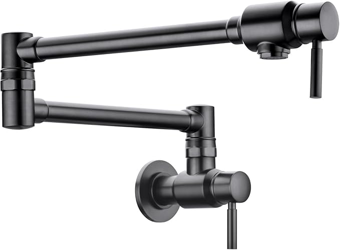 BAGNOLUX Traditional Wall Mount Single Hole Pot Filler Faucet, Black Stainless Pot Filler, Brass Kitchen Faucet Stove with 2 Lever Handles and Double Jointed Swing Arm, 23.4 Inch, Black Stainless-PVD