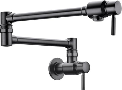BAGNOLUX Traditional Wall Mount Single Hole Pot Filler Faucet, Black Stainless Pot Filler, Brass Kitchen Faucet Stove with 2 Lever Handles and Double Jointed Swing Arm, 23.4 Inch, Black Stainless-PVD
