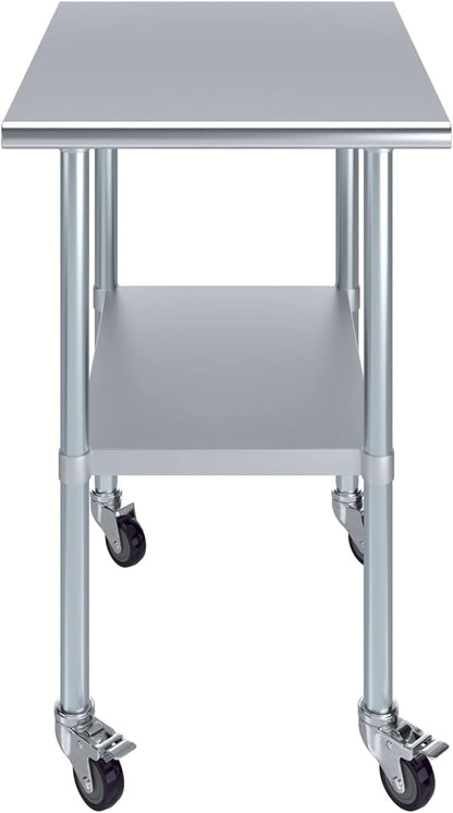 Stainless Steel Work Table with Wheels | NSF Kitchen Island Food Prep | Laundry Garage Utility Bench (Table + Wheels, 24" Long x 30" Deep)