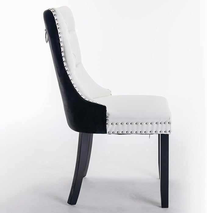 Dining Chairs Set of 2, PU Leather Upholstered Dining Room Side Chairs with Button Tufted Back, Nailhead Trim & Wooden Legs, Modern Counter Height Bar Stools for Home Kitchen Island, White+Black
