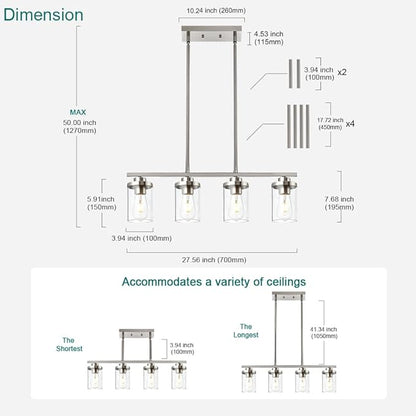 4-Light Dining Room Light Fixtures, Modern Kitchen Island Pendant Lighting Brushed Nickel Flush Mount Ceiling Hanging Lighting with Glass Shade Pendant Lights for Living Room Bedroom Hallway