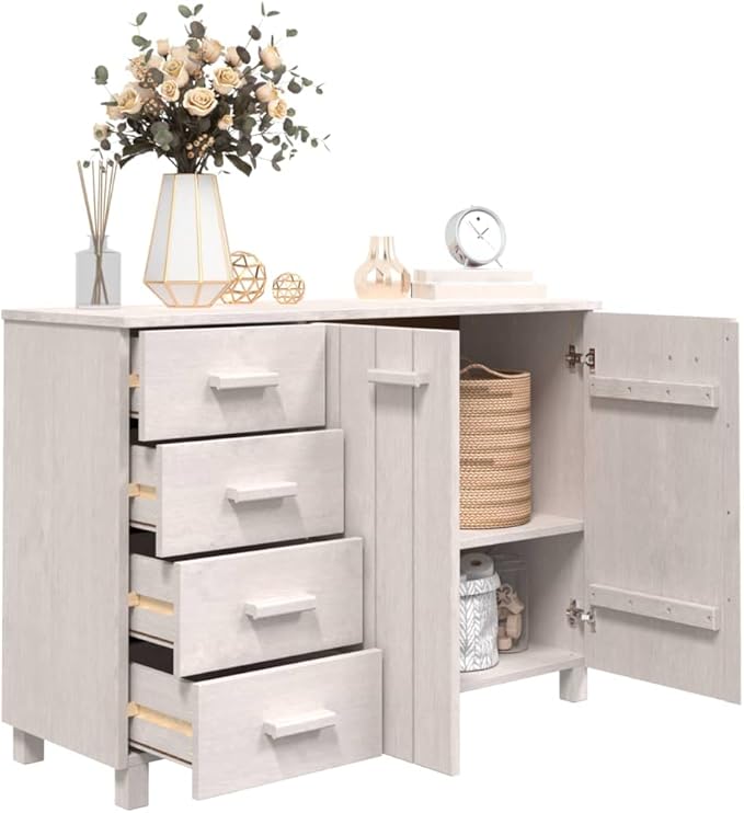 White Sideboard Buffet Cabinet for Dining Room Solid Pine Wood with 4 Drawers 2 Doors 44.5 x 15.7 x 31.5 in Storage Console for Living Room Kitchen Coffee Bar