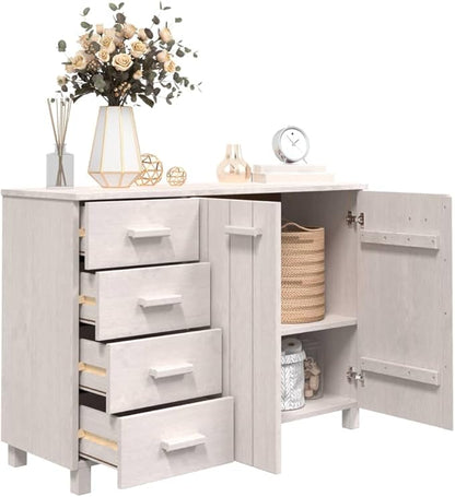 White Sideboard Buffet Cabinet for Dining Room Solid Pine Wood with 4 Drawers 2 Doors 44.5 x 15.7 x 31.5 in Storage Console for Living Room Kitchen Coffee Bar