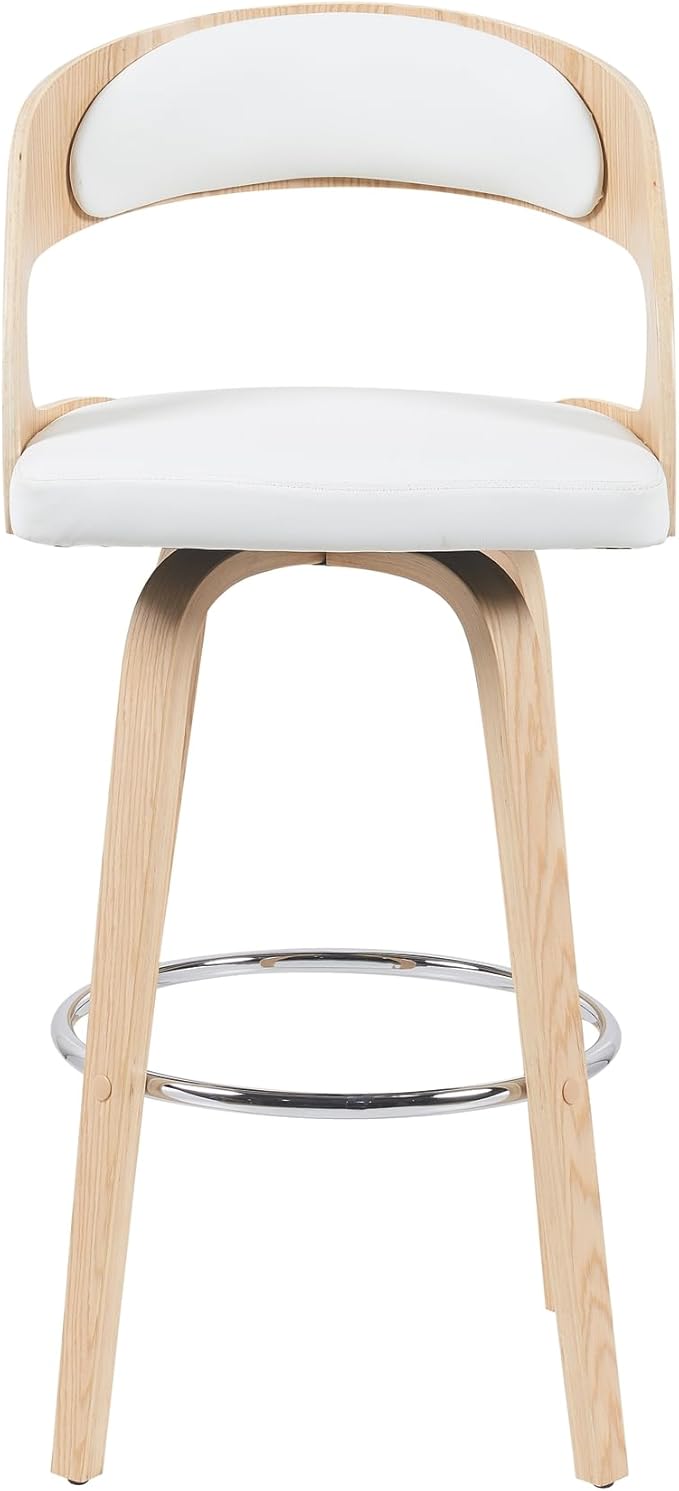 Shelly Modern Bar Height Swivel Stool in Patterned Oak Finish with White Faux Leather Upholstered Seat Set of 2