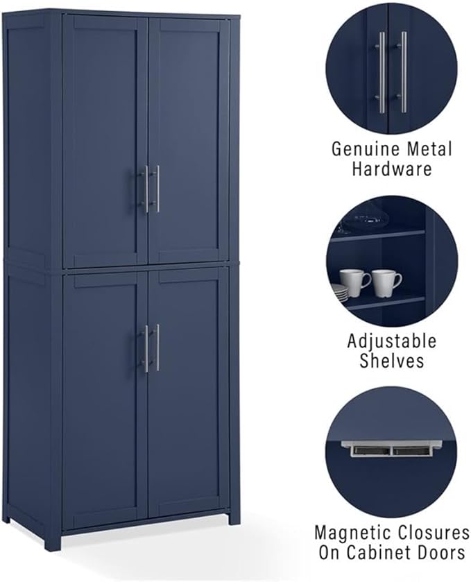 Pemberly Row Traditional Wood Kitchen Storage Pantry, Navy Finish, MDF and Birch Veneer, 67" H x 28" W x 15" D, Adjustable Shelves, Shaker-Style Doors, Brushed Nickel Hardware, Home and Kitchen