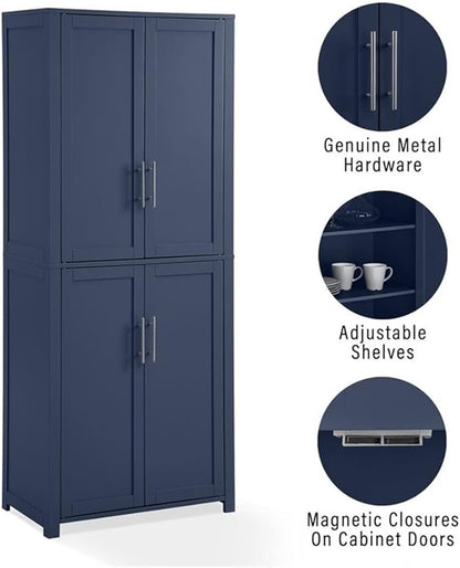 Pemberly Row Traditional Wood Kitchen Storage Pantry, Navy Finish, MDF and Birch Veneer, 67" H x 28" W x 15" D, Adjustable Shelves, Shaker-Style Doors, Brushed Nickel Hardware, Home and Kitchen