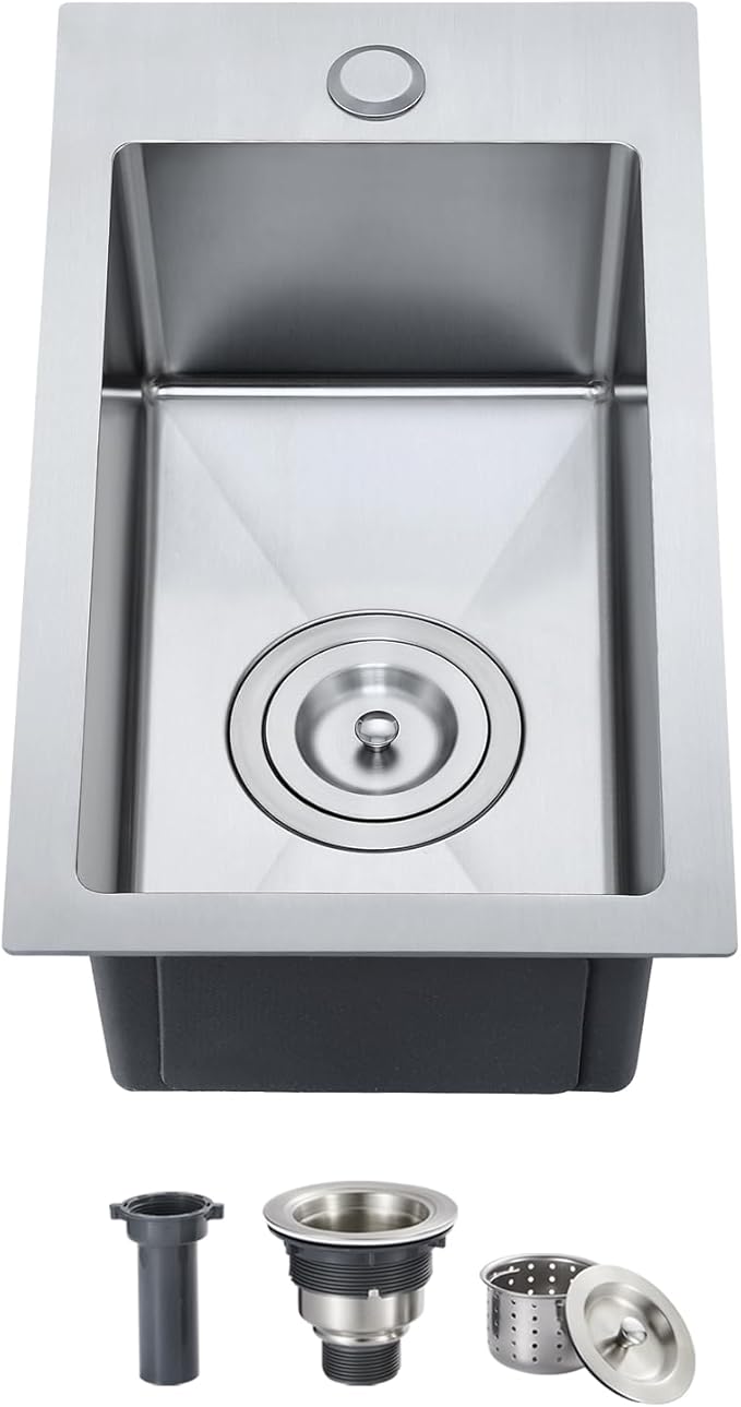 ROVOGO 10"x18"x6" Bar Sink Drop in, Small Kitchen Sink Single Bowl 304 Stainlesss Steel, Wet Bar Prep Sink with 1 Faucet Hole and Drain Assembly, Top Mount, Brushed