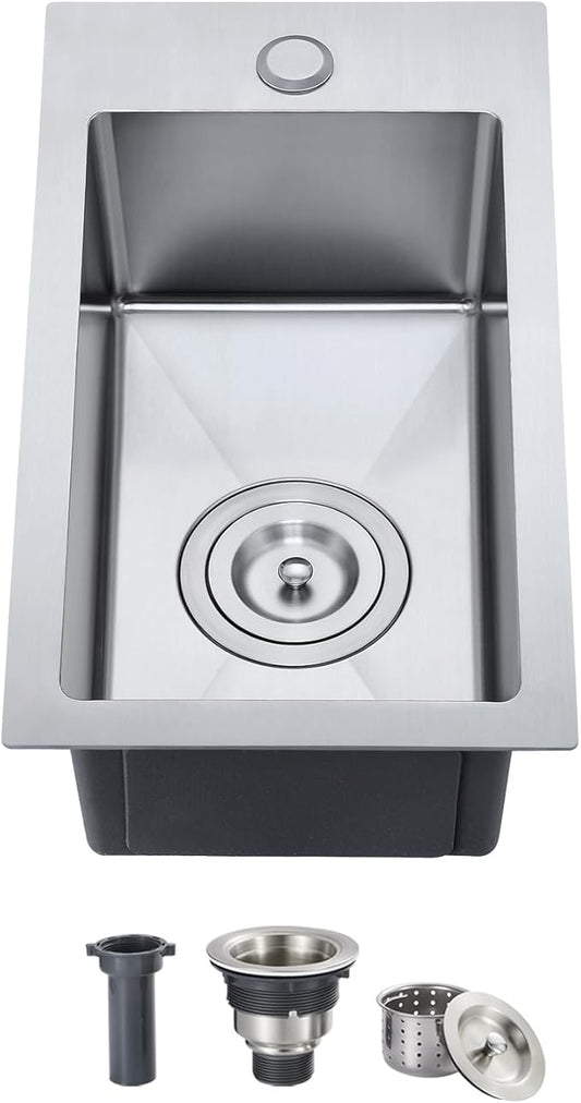 ROVOGO 10"x18"x6" Bar Sink Drop in, Small Kitchen Sink Single Bowl 304 Stainlesss Steel, Wet Bar Prep Sink with 1 Faucet Hole and Drain Assembly, Top Mount, Brushed
