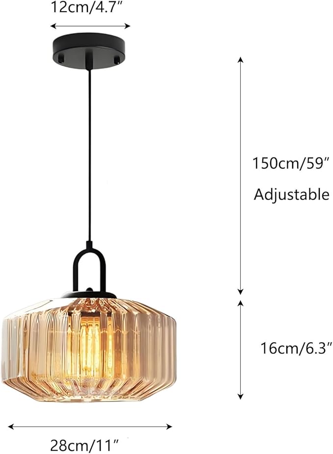 11-Inch Vintage Industrial Ribbed Glass Pendant Light Adjustable Height E26 Hanging Light for Kitchen Island Dining Room Bedroom Living Room Bar (Amber)