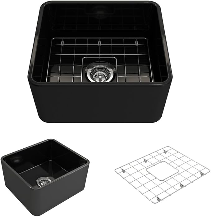 BOCCHI Classico Farmhouse Apron Front Fireclay 20 in. Single Bowl Kitchen Sink with Protective Bottom Grid and Strainer in Black